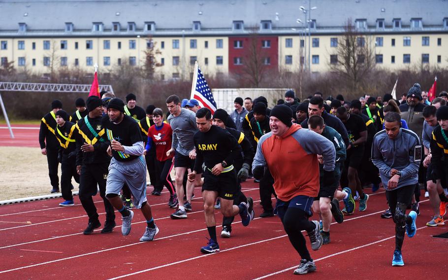More than 300 soldiers and family members run during the Bavarian Health Initiative 5K at Grafenwoehr, Germany, Friday, March 23, 2018.