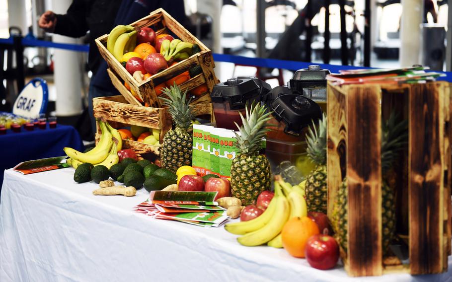 Fruits and vegetables on display during the Bavarian Health Initiative 5K at Grafenwoehr, Germany, Friday, March 23, 2018.