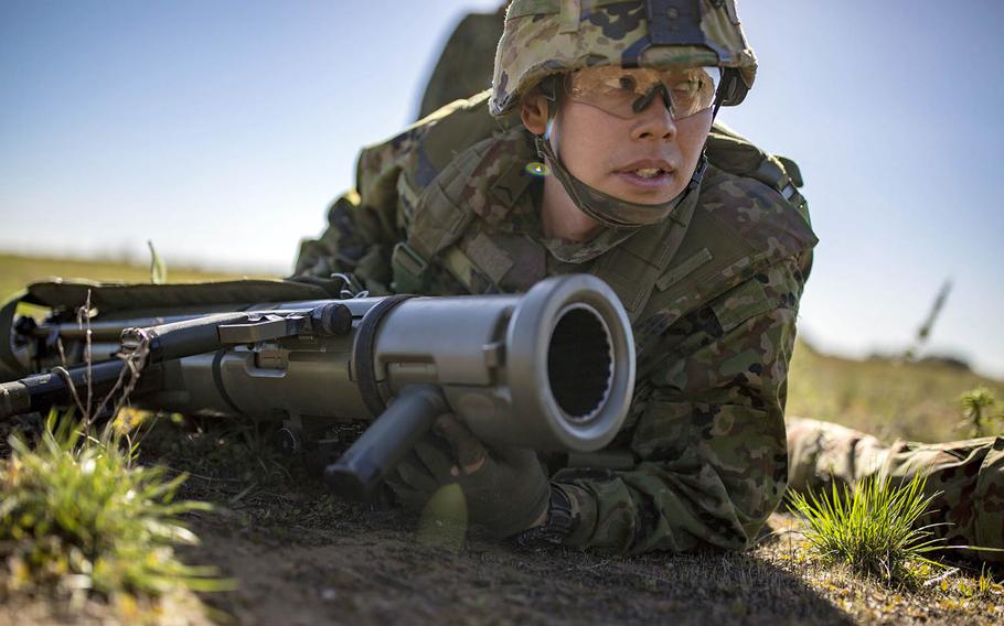 A Japan Ground Self-Defense Force soldier trains earlier this year at Camp Pendleton, Calif.
