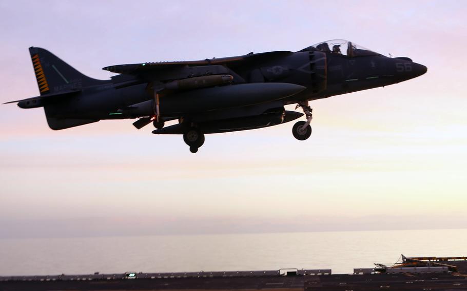 An AV-8B Harrier II with 22nd Marine Expeditionary Unit  lands on the USS Wasp in 2016 after conducting air strikes against Islamic State group targets in Sirte, Libya. On Saturday, the U.S. military launched its first strike against Al-Qaida in Libya as operations expand beyond ISIS fighters that have been the primary targets in the past.