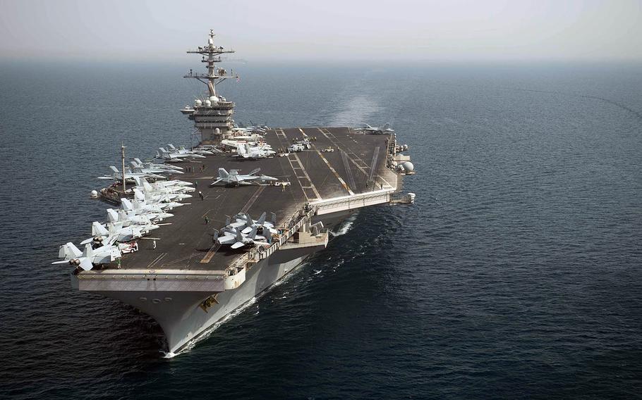 The aircraft carrier USS Theodore Roosevelt transits the Arabian Gulf earlier this month.