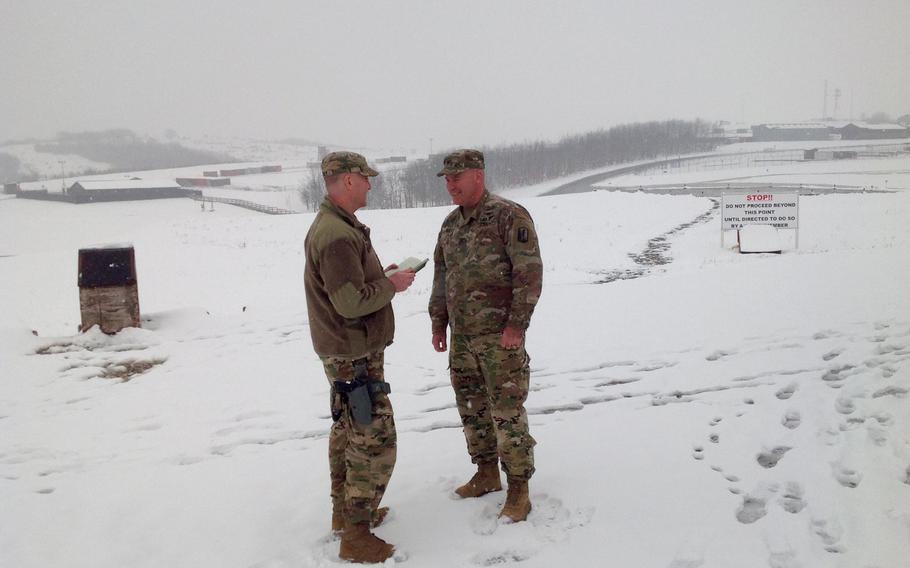 Col. Nick Ducich, who assumed command of NATO's Multinational Battle Group-East in Kosovo last week, speaks to Capt. Jason Sweeney at Camp Bondsteel on Thursday, March 22, 2018. Ducich, of the California National Guard, is the first U.S. commander of Serbian origin to serve in the Kosovo force.