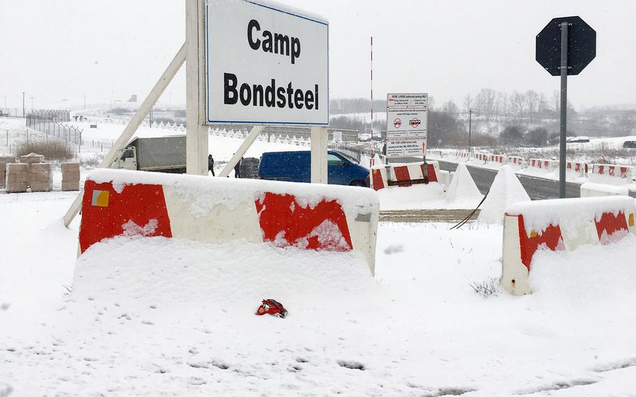 Entrance to Camp Bondsteel, headquarters of NATO's U.S.-led Multinational Battle Group-East. The sprawling facility, named after a Medal of Honor recipient from the Vietnam War, was hit by a spring snow storm on Thursday, March 22, 2018.