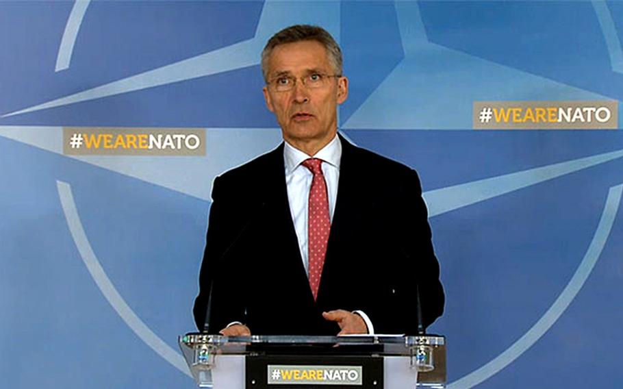 NATO Secretary General Jens Stoltenberg talks about the alliance's further decisions following the use of a nerve agent in Salisbury at NATO headquarters in Brussels, Belgium, Tuesday, March 27, 2018.