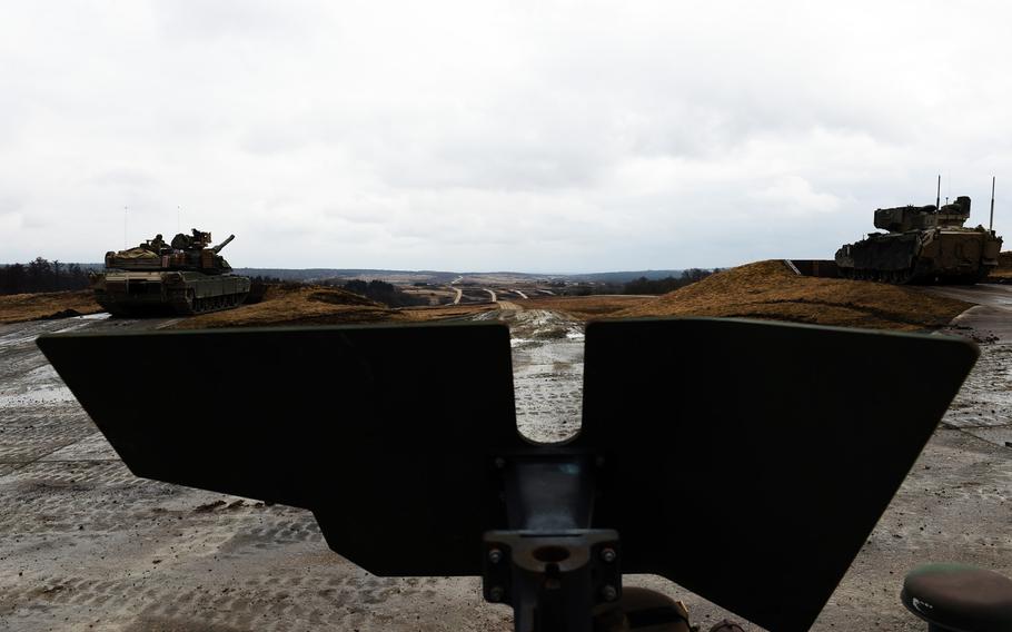 The view from the gunner's turret of an uparmored Humvee during a live-fire exercise at Grafenwoehr, Germany, Wednesday, March 28, 2018. 