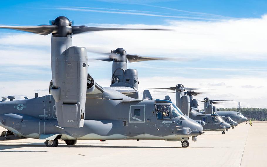 A trio of Air Force CV-22 Osprey aircraft prepare to launch from Pope Army Airfield, N.C., Feb. 8, 2018.