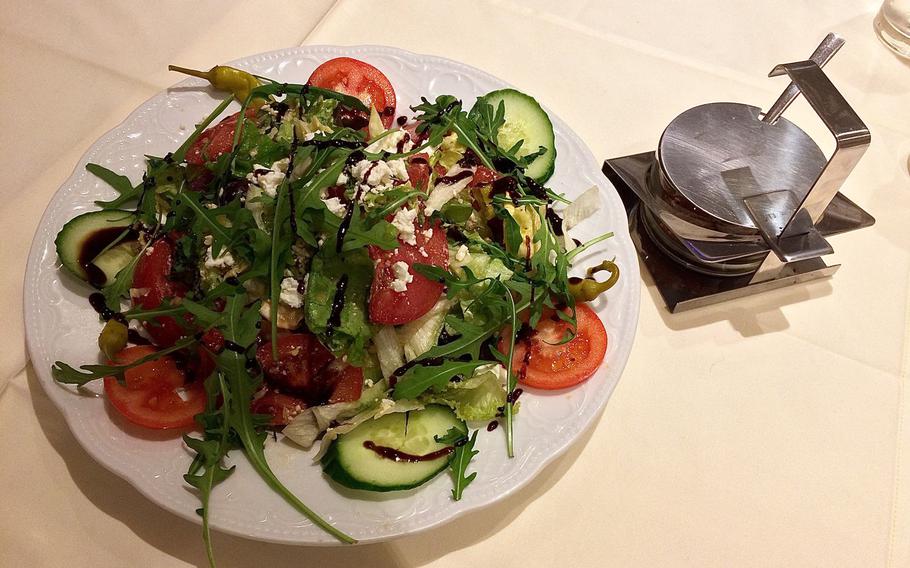 A Greek salad as served at the Parthenon in Otterbach, Germany.