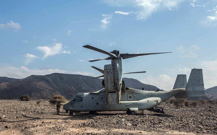 A U.S. Marine Corps MV-22B Osprey parked in Arta Range, Djibouti, during Alligator Dagger, April 2, 2018. The exercise was canceled and U.S. air operations in Djibouti remain grounded Friday after two Marine Corps aircraft were involved in crashes earlier this week.