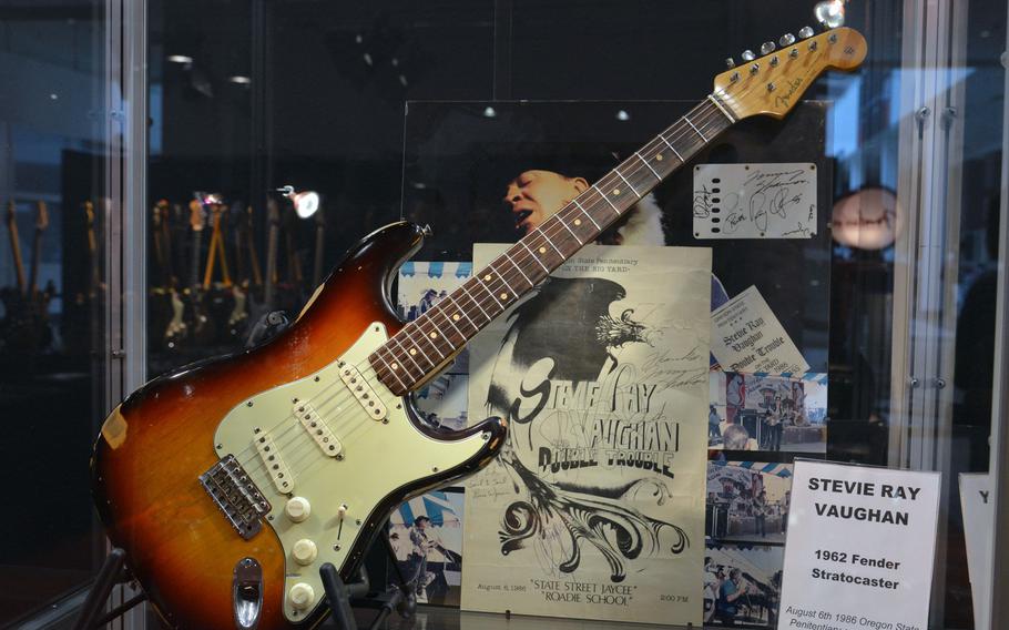 A 1962 Fender Stratocaster once played by Stevie Ray Vaughn is one of many vintage Fender guitars on display at the Musikmesse, a music trade fair in Frankfurt, Germany.