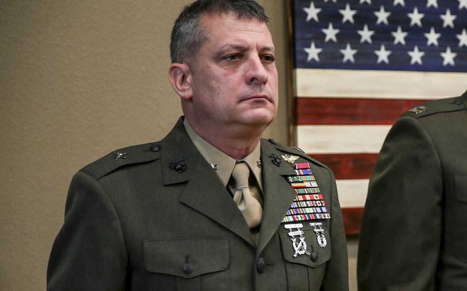 Marine Brig. Gen. Kurt Stein ridiculed as "fake news" allegations of sexual harassment and also joked about a chaplain recently fired for having sex in public.