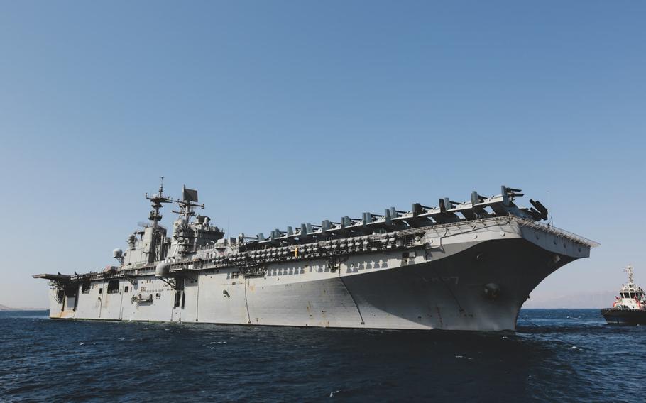 USS Iwo Jima and an embarked 26th Marine Expeditionary Unit arrive in Aqaba, Jordan for exercise Eager Lion 18, April 15, 2018.