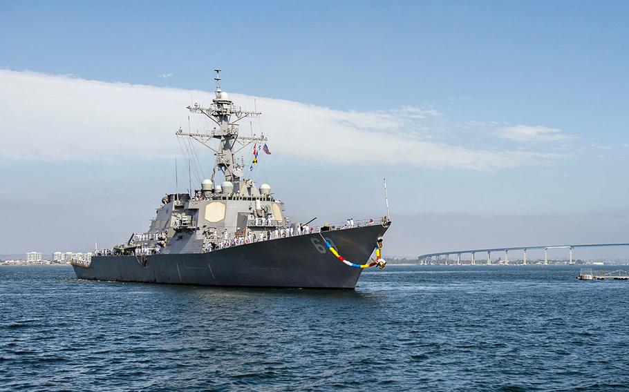 The guided-missile destroyer USS Milius arrives at its homeport in San Diego in 2015.