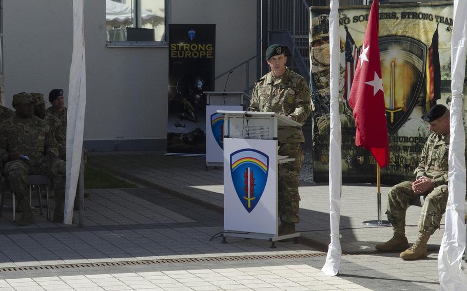 Command Sgt. Maj. Robert Abernethy, new U.S. Army Europe senior enlisted leader, speaks during his assumption of responsibility ceremony Thursday, April 19, 2018, at Clay Kaserne in Wiesbaden, Germany. 