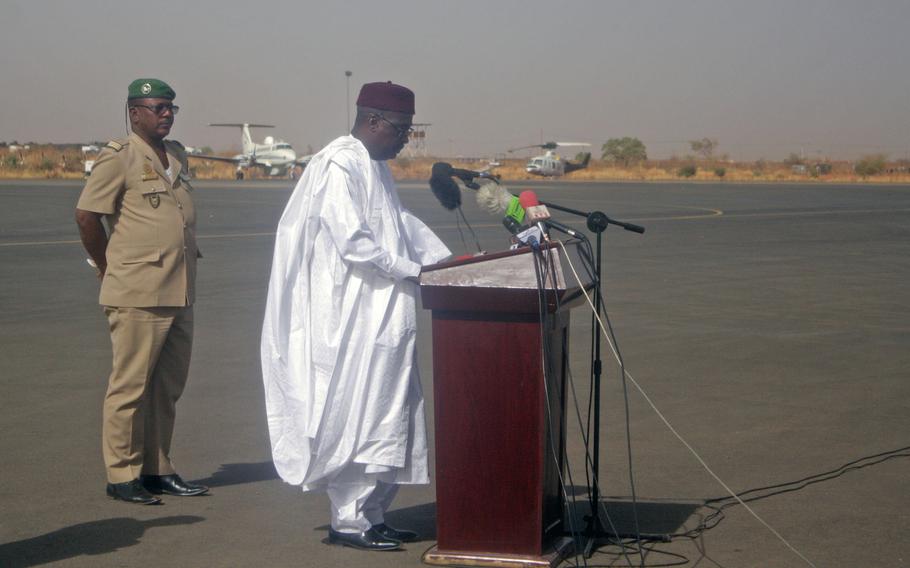 Niger Defense Minister Kalla Mountari speaks at the end of Flintlock 2018. Niger hosted this year?s annual special operations war game. Next year, the exercise will be held in Burkina Faso.