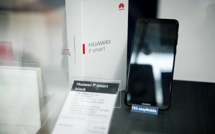 A Huawei smartphone on display at the TKS store at Ramstein Air Base, Germany, on Friday, April 20, 2018.