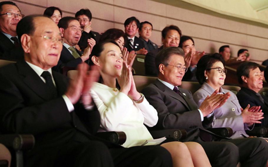 South Korean President Moon Jae-in and his wife, left, sit with North Korean officials Kim Yong Nam and Kim Yo Jong, sister of leader Kim Jong Un, during a February concert in Seoul, South Korea.