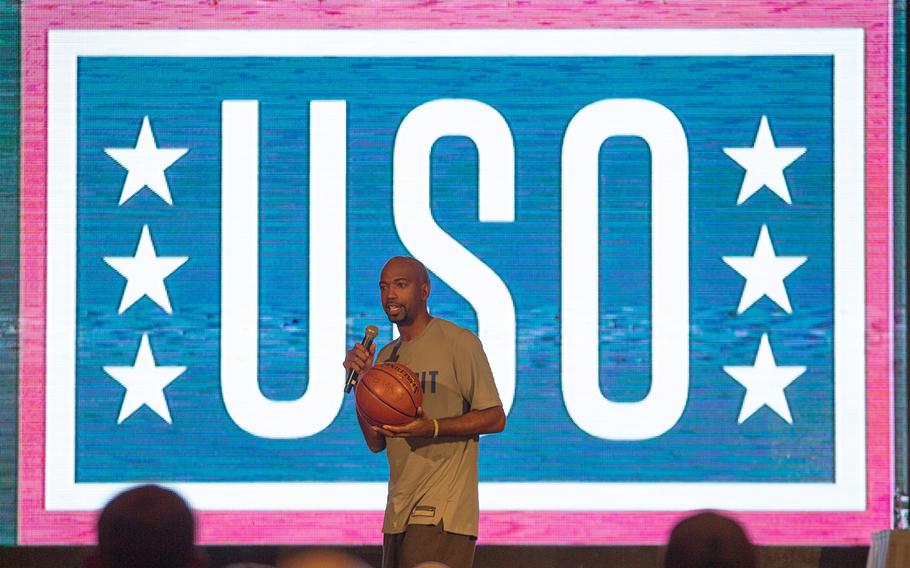 Former Detroit Pistons basketball player Richard "Rip" Hamilton talks about playing against Kobe Bryant, during a USO show at Osan Air Base, South Korea, Monday, April 23, 2018.
