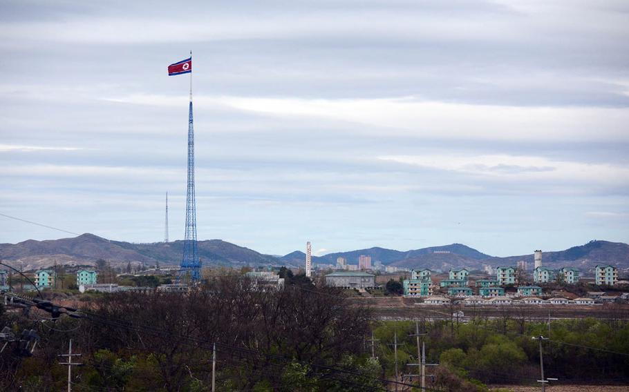 A 525-foot North Korean flag hovers over an area dubbed Propaganda Village, Tuesday, April 24, 2018. The village is less than a mile from the South Korean hamlet of Taesong-dong, which the military calls Freedom Village.