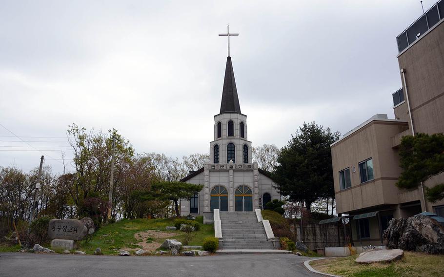 A church in the South Korean farming hamlet of Taesong-dong, which the military calls Freedom Village, is seen on Tuesday, April 24, 2018.