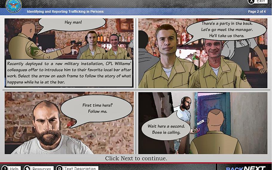 A screen grab of the U.S. Department of Defense Combating Trafficking in Persons computer-based training module. The course is one of three mandates being eliminated at Army headquarters level in a bid to streamline training requirements, though combatant commanders may opt to require them.