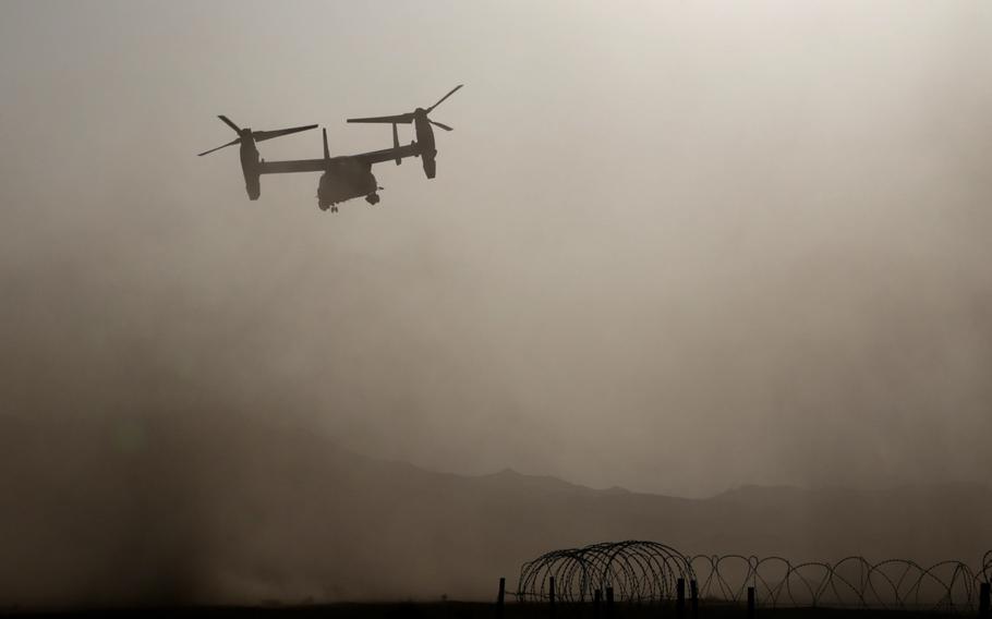 A U.S. Marine Corps MV-22B Osprey takes off from the training area in Jordan in support of exercise Eager Lion, April 19, 2018.