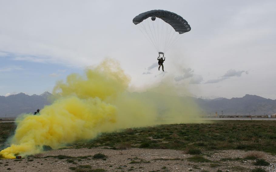 A pararescueman with the Air Force's 83rd Expeditionary Rescue Squadron practices a high-altitude, high-opening jump at Bagram Air Field, Afghanistan, on March 23, 2018.
