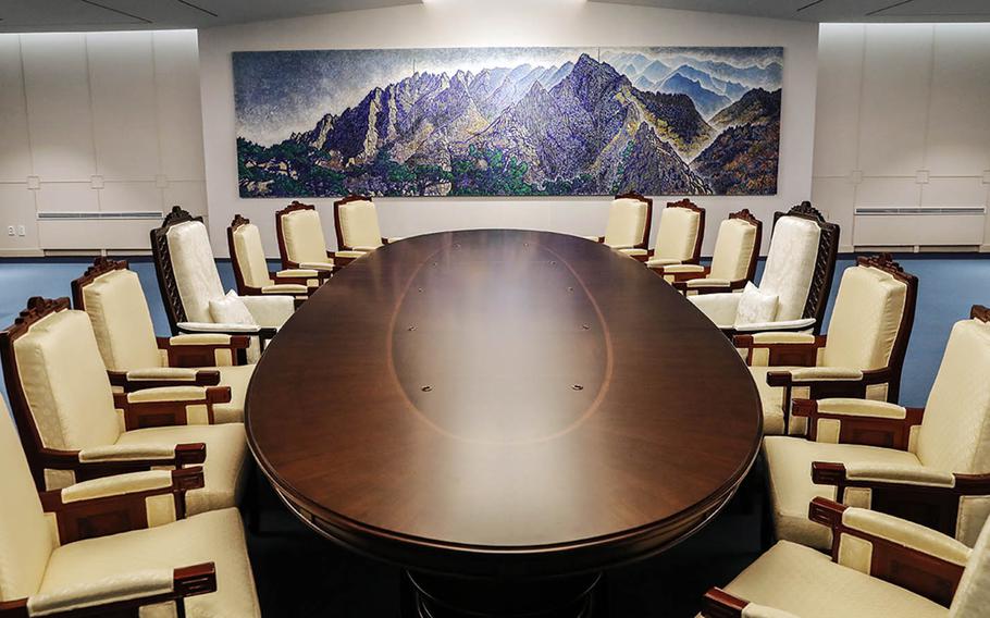 The table and chairs that will be used for the summit between North Korean leader Kim Jong Un and South Korean President Moon Jae-in. The oval-shaped table is exactly 2,018 millimeters in diameter to highlight the historic 2018 summit, according to the president's office.