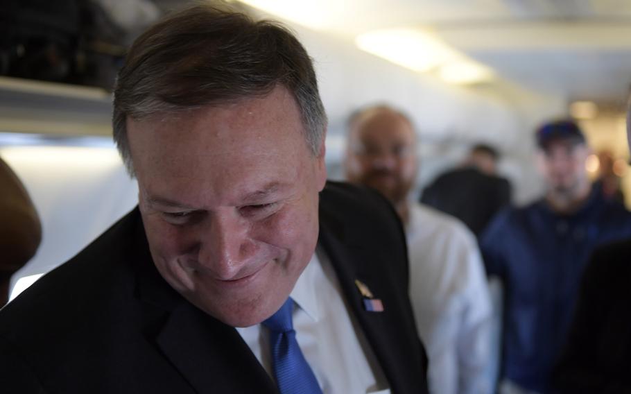Mike Pompeo, newly confirmed U.S. Secretary of State, boards his aircraft and meets his staff as they prepare for his first official trip as Secretary of State on Thursday, April 26, 2018. Pompeo is in Brussels for NATO meetings on Friday. He then travels to Saudi Arabia, Israel and Jordan.
