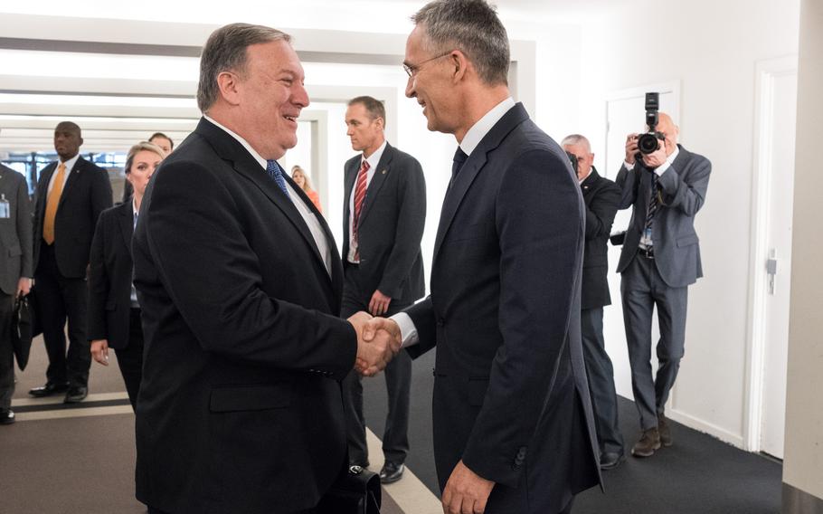 U.S. Secretary of State Mike Pompeo is welcomed by NATO Secretary-General Jens Stoltenberg to the organization's headquarters in Brussels, Belgium, Friday, April, 27, 2018.
