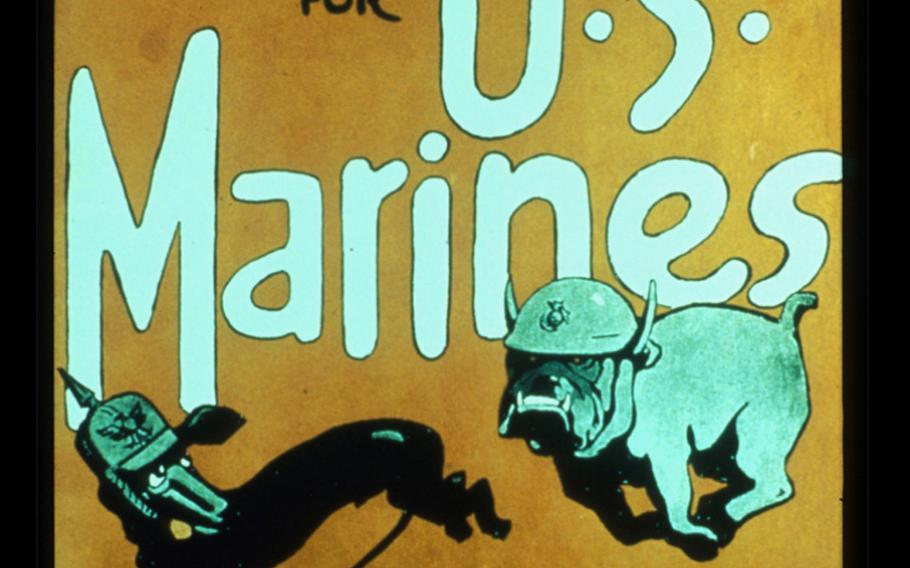 This Marine Corps recruiting poster appeared shortly after the World War I Battle of Belleau Wood, which purportedly gave birth to the term "Devil Dogs."