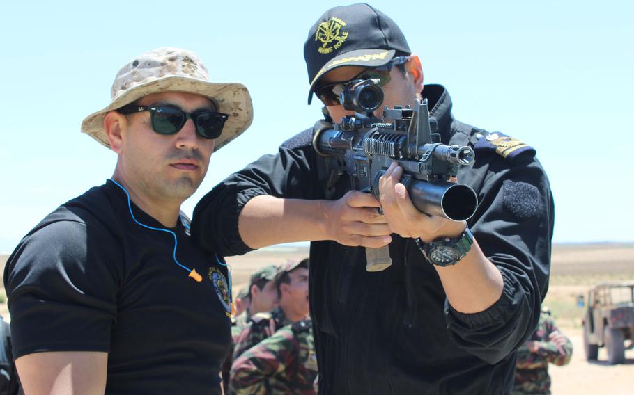 A member of the Moroccan Royal Armed Forces takes aim for nonlethal weapons training as part of African Lion 2018, Tifnit, Morocco, April 21, 2018.