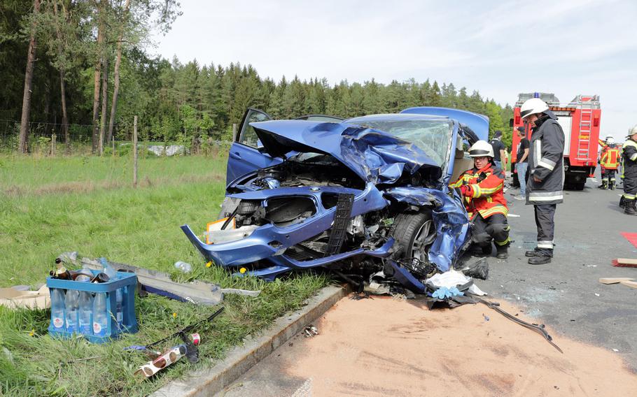 Two U.S. Army soldiers and two Germans were seriously injured in a car crash near Grafenwoehr, Germany, on Saturday, April 28, 2018.