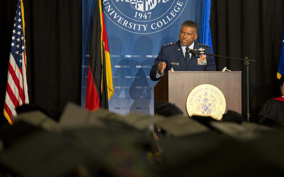 Lt. Gen. Richard Clark, 3rd Air Force commander, delivers the commencement address at Ramstein Air Base, Germany, on Saturday, April 28, 2018.