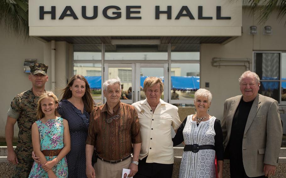 Combat Logistics Regiment 35, 3rd Marine Logistics Group rededicated its headquarters building in memory of Medal of Honor recipient Cpl. Louis Hauge during a ceremony attended by Hauge's family members at Camp Kinser, Okinawa, April 30, 2018.