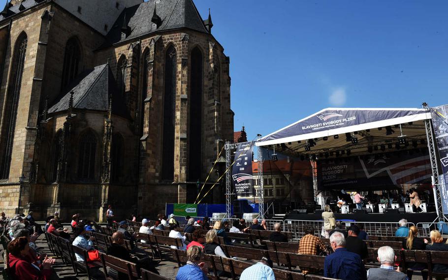 An American-style big band plays next to the cathedral in Pilsen, Czech Republic, Friday, May 4, 2018.