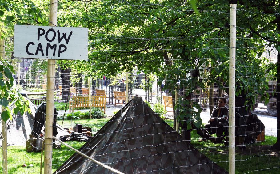 A reconstructed prisoner-of-war camp during the liberation festival in Pilsen, Czech Republic, Friday, May 4, 2018.