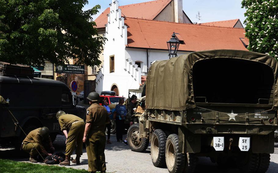 WWII era vehicles on display during the liberation festival in Pilsen, Czech Republic, Friday, May 4, 2018.