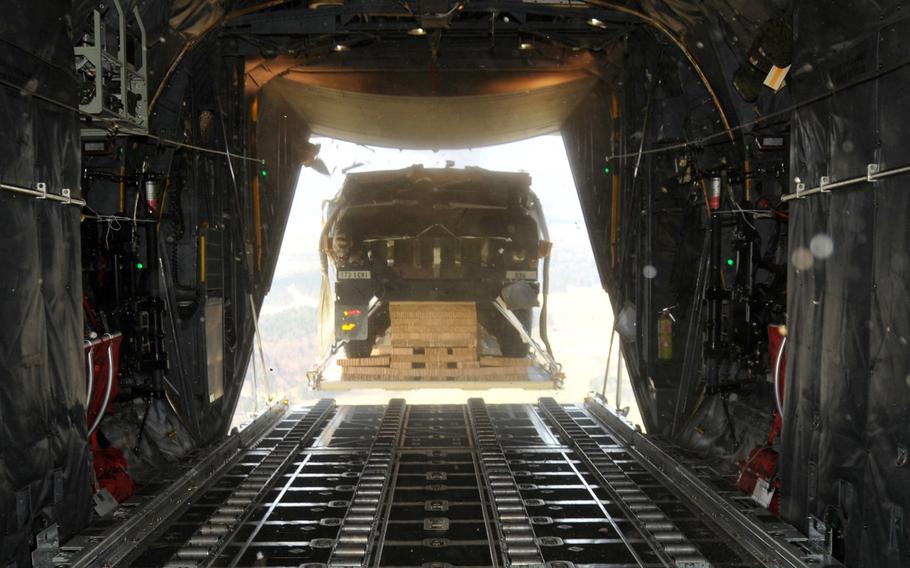 A Humvee is air dropped out of a C-130 Hercules over Hohenfels Training Area, Germany, April 11, 2016. A sergeant with the 173rd Airborne Brigade has been found guilty in connection with the destruction of three Humvees that plummeted to the ground that day.