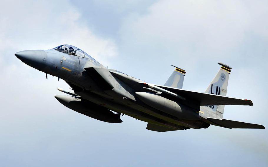 An F-15C Eagle assigned to the 493rd Fighter Squadron flies over England, May 10, 2018.