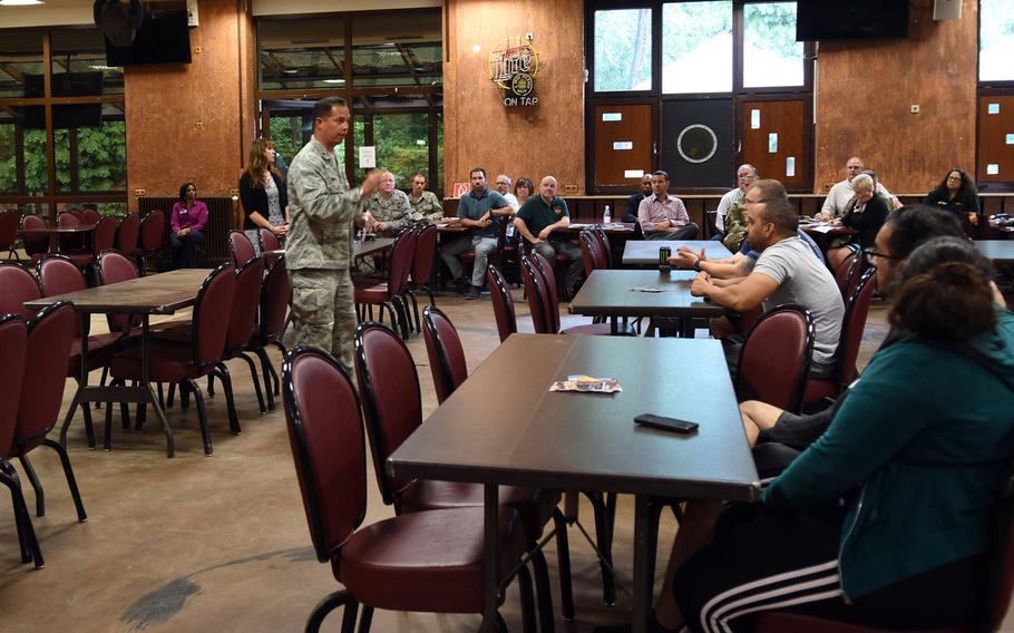 Lt. Col. George Nichols, the 86th Civil Engineer Squadron commander at Ramstein Air Base, Germany, talks to families at a town hall, Monday, June 11, 2018, on Vogelweh. Thirty-one families in two multistory housing complexes on Vogelweh are being directed to move after the collapse of the drywall ceiling in a housing unit.