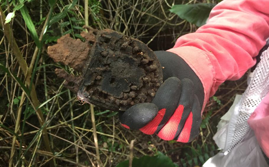 Kuentai founder Usan Kurata, a Shinto priest, studies the sole of a boot found with unknown human remains in a former Japanese fighting position from the Battle of Okinawa, while searching for a Marine's remains in the Okinawan jungle on May 9, 2018.