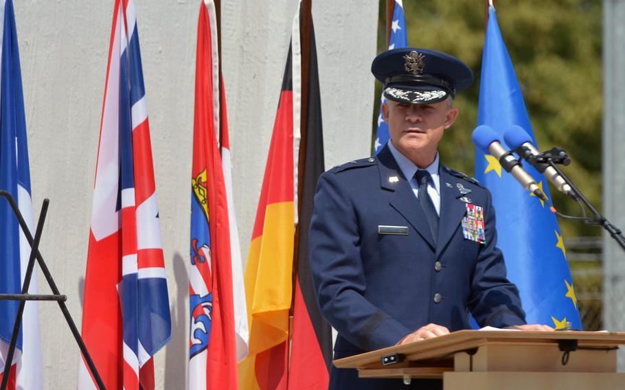 Maj. Gen.  John B.Williams, the mobilization assistant to the commander, USAFE-AFAFRICA, speaks at the ceremony marking the 70th anniversary of the start of the Berlin Airlift at the Berlin Airlift Memorial at Frankfurt airport, Germany, Tuesday, June 26, 2018.