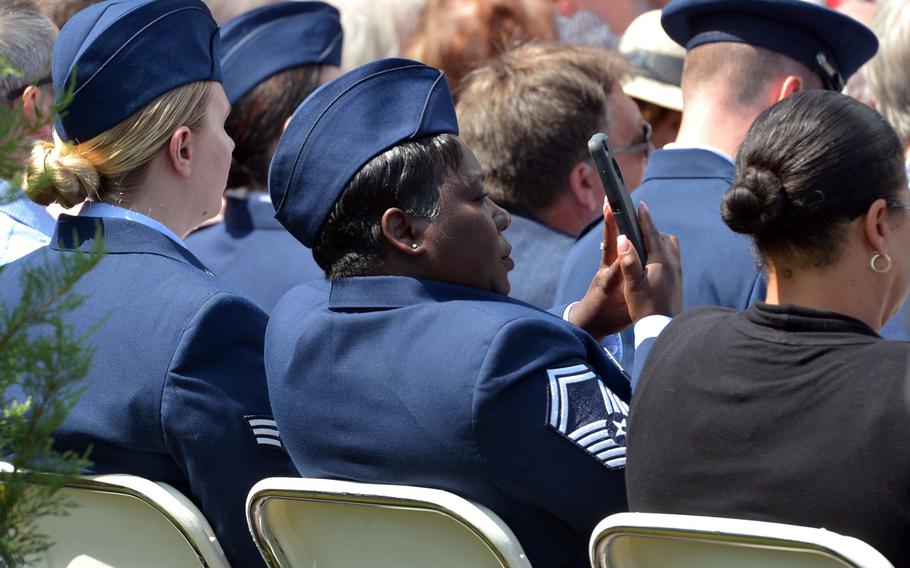 U.S. airmen were among the guests at the ceremony marking the 70th anniversary of the start of the Berlin Airlift in Frankfurt, Germany, Tuesday, June 26, 2018.