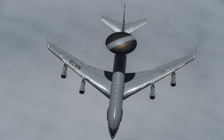 A NATO E-3A aircraft leaves formation after performing mid-air refueling training over Central Europe with the Pennsylvania Air National Guard's 171st Air Refueling Wing, May 17, 2018. Advances in air defense, cyber and electronic warfare systems will threaten allied dominance in the years ahead, according to a new NATO air power strategy document.