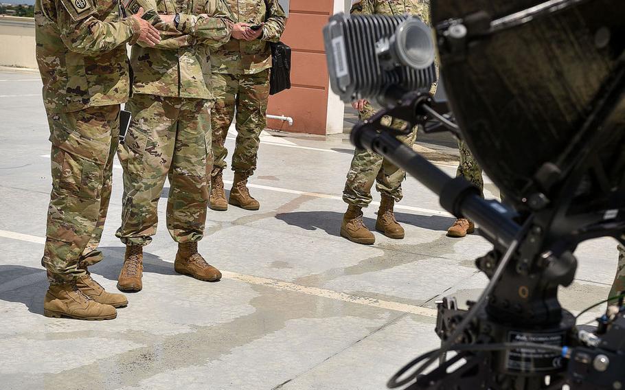 Maj. Timothy Jones, signals officer for the 173rd Airborne Brigade, briefs Gen. Curtis Scaparrotti, head of United States European Command, about the Integrated Tactical Network system on June 22, 2018 in Vicenza, Italy.