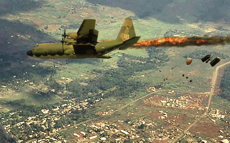 Don Jensen commissioned this painting of the C-130 he piloted going down in flames over An Loc, South Vietnam on April 18, 1972. 