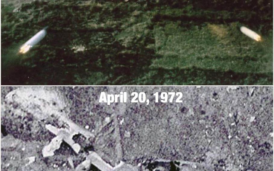 Aerial photographs show what was left of an Air Force C-130 cargo plane that was shot down over An Loc, South Vietnam on April 18, 1972. 