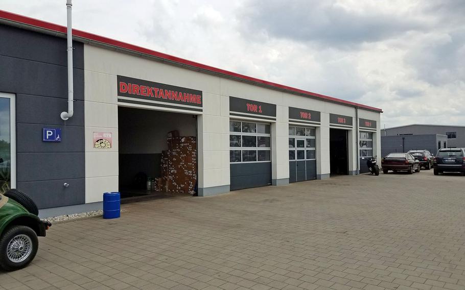 The garage of Schneider's Auto Service, where mechanics found a fake explosive device inside a vehicle they were working on, believed to be used by the vehicle's former owner, to train to find explosive devices for the U.S. Army, in Weiden, Germany, Monday, July 9, 2018.