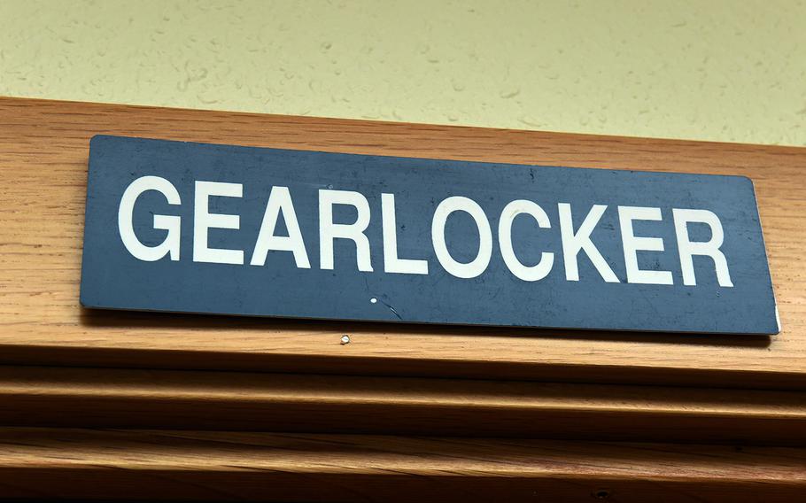 One of the original U.S. military "gearlocker" signs, hanging above a broom closet at the Base Hotel and Hostel in Keflavik, Iceland, Tuesday, August 15, 2018.