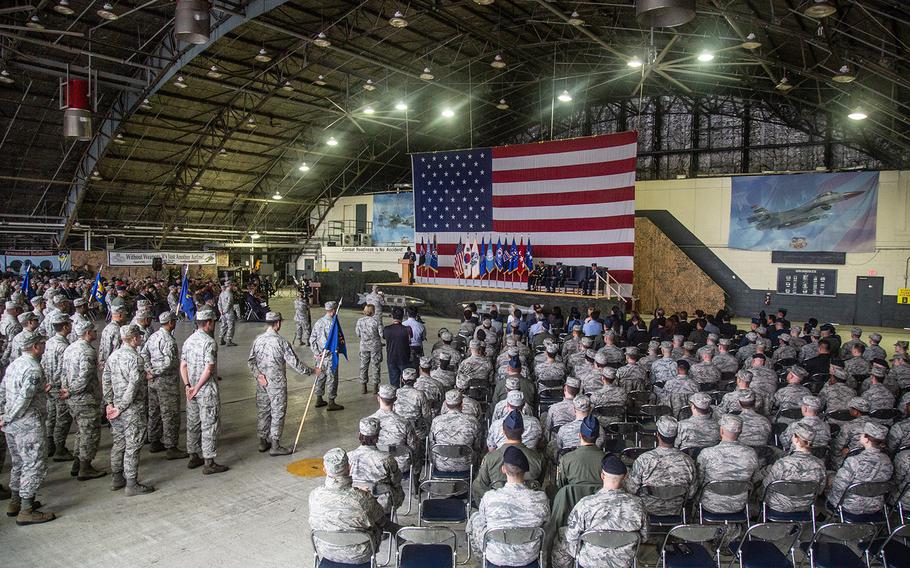 Airmen gather for the 7th Air Force change-of-command ceremony at Osan Air Base, South Korea, Monday, Aug. 27, 2018.